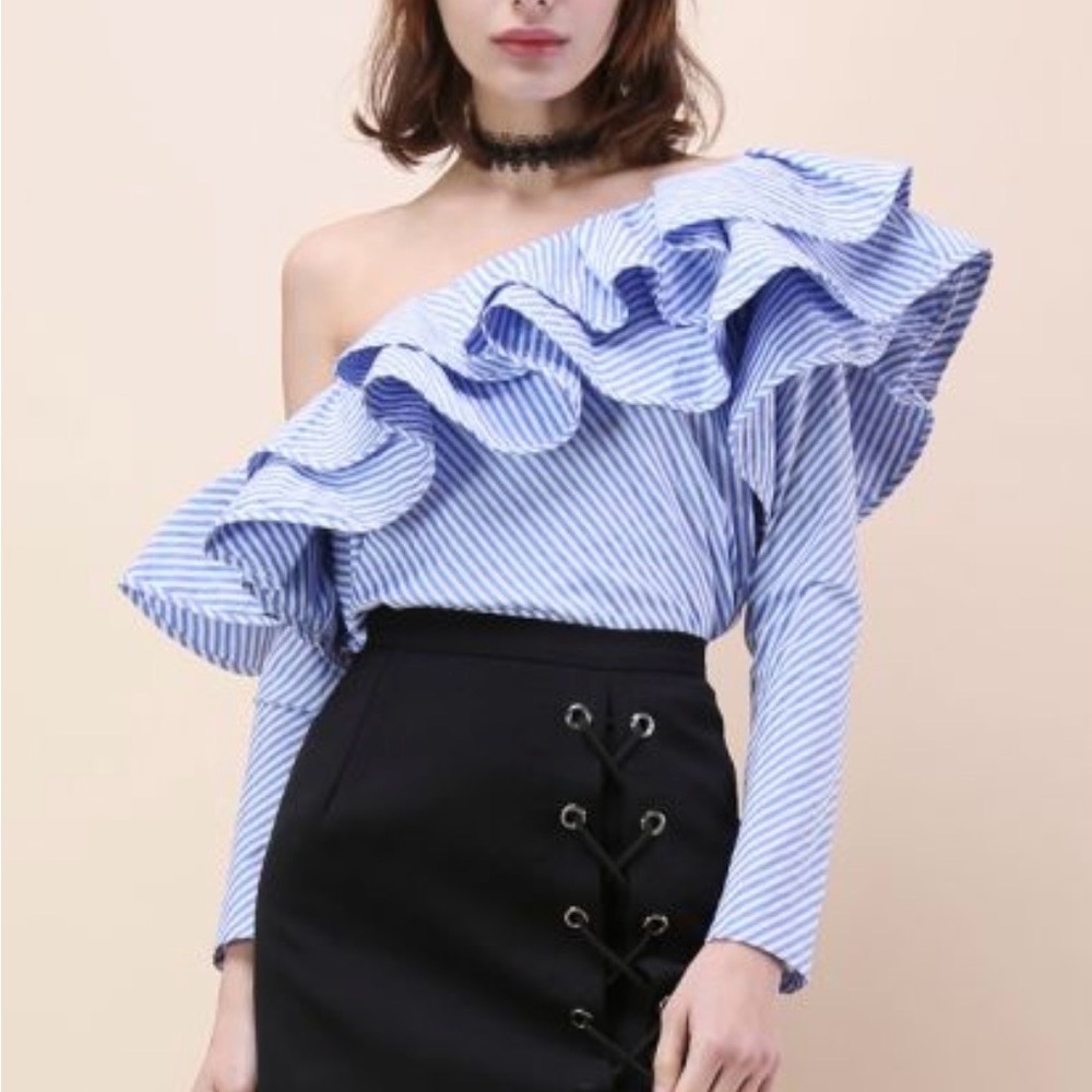 CHICWISH One-shoulder Ruffle Blue Striped Cotton Top Blouse
